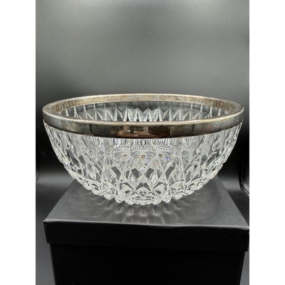 Unmarked Other - ✨🇩🇪 Vintage Pressed Glass Bowl w/ Silverplate Rim – Germany–MC Diamond Pattern